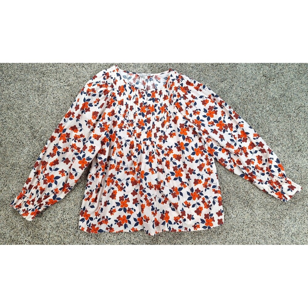 Elizabeth and James Floral Pintuck Cotton Blouse Orange Navy Cream Small - Picture 2 of 8